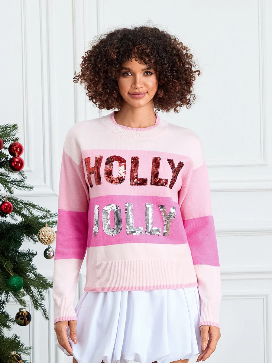 holly jolly sequin striped crew sweater
