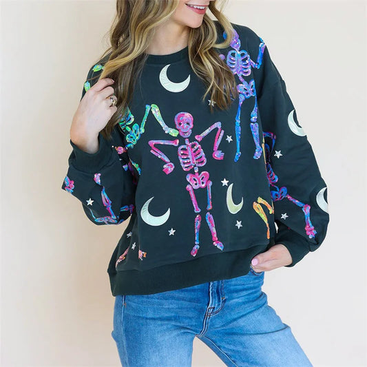 sparkly skeletons sequin crew sweater - basil boutique