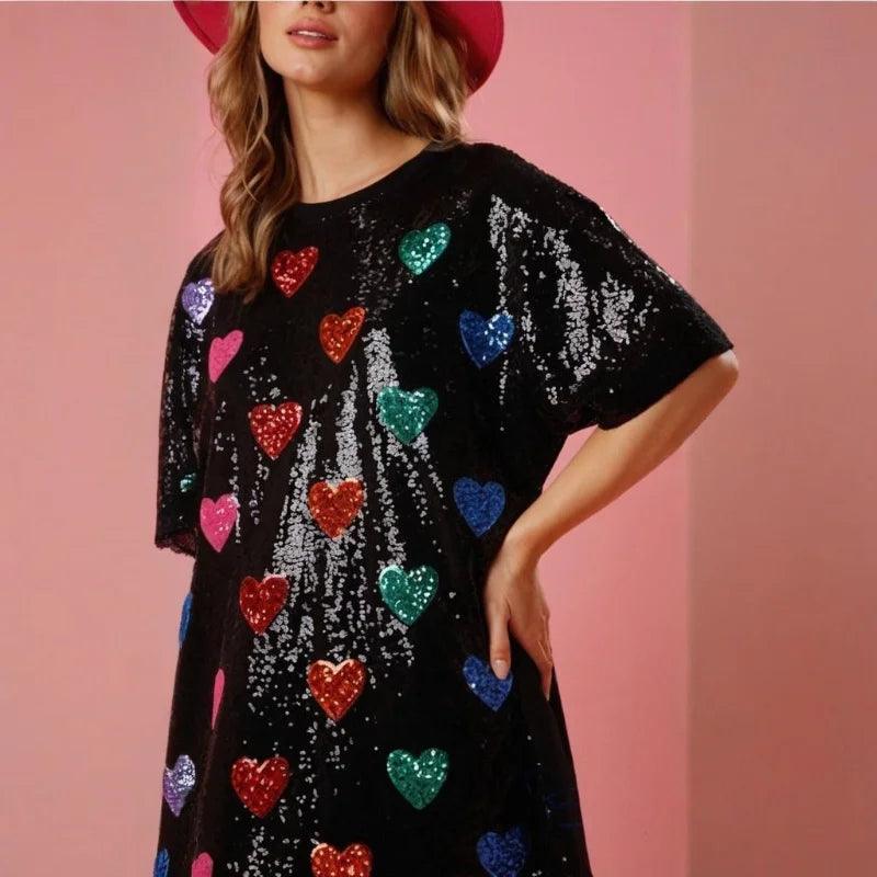 Xingqing y2k Party Dress Women Valentines Day Sequins Heart Print Round Neck Half Sleeve Short Mini Dress Fashion Club Dresses