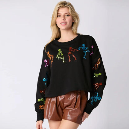 skeleton dance sequin cropped sweater - basil boutique