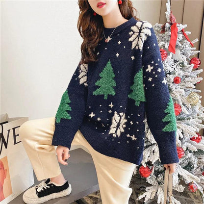 christmas trees knit crew sweater - basil boutique