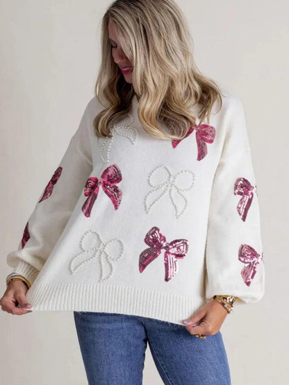 bow pearl + sequin crew sweater - basil boutique