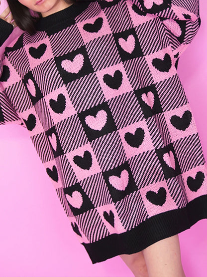 checkered heart crew sweater