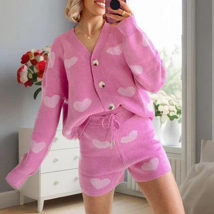 Xingqing Women Knitted Set y2k Clothes Heart Print V Neck Long Sleeve Cardigan Tops and Shorts Valentines Day Outfit Streetwear