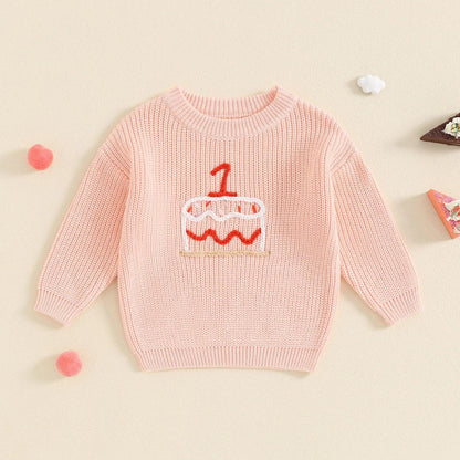 one birthday cake knit kids crew sweater