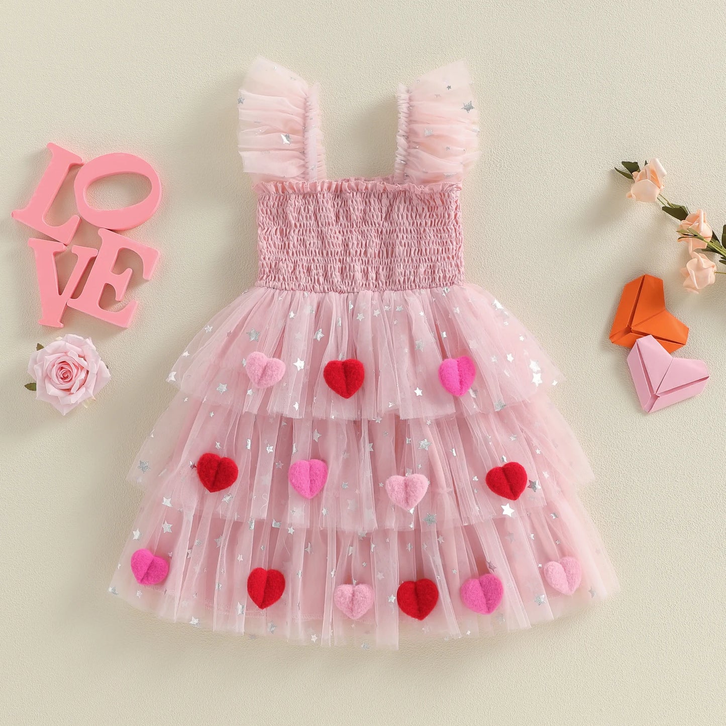 3D heart ruffle sleeve tulle kids dress