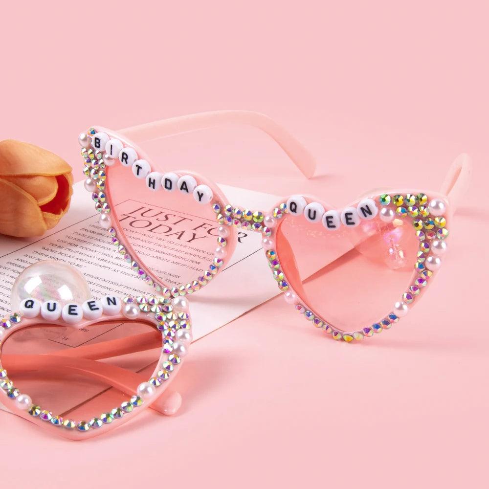 birthday queen pink rhinestone heart sunglasses - basil boutique