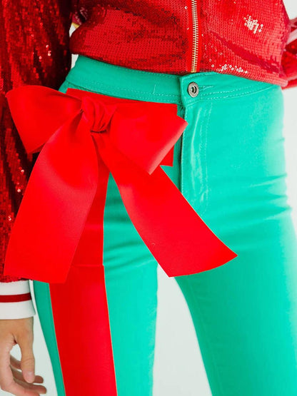 christmas bow bell-bottom pants