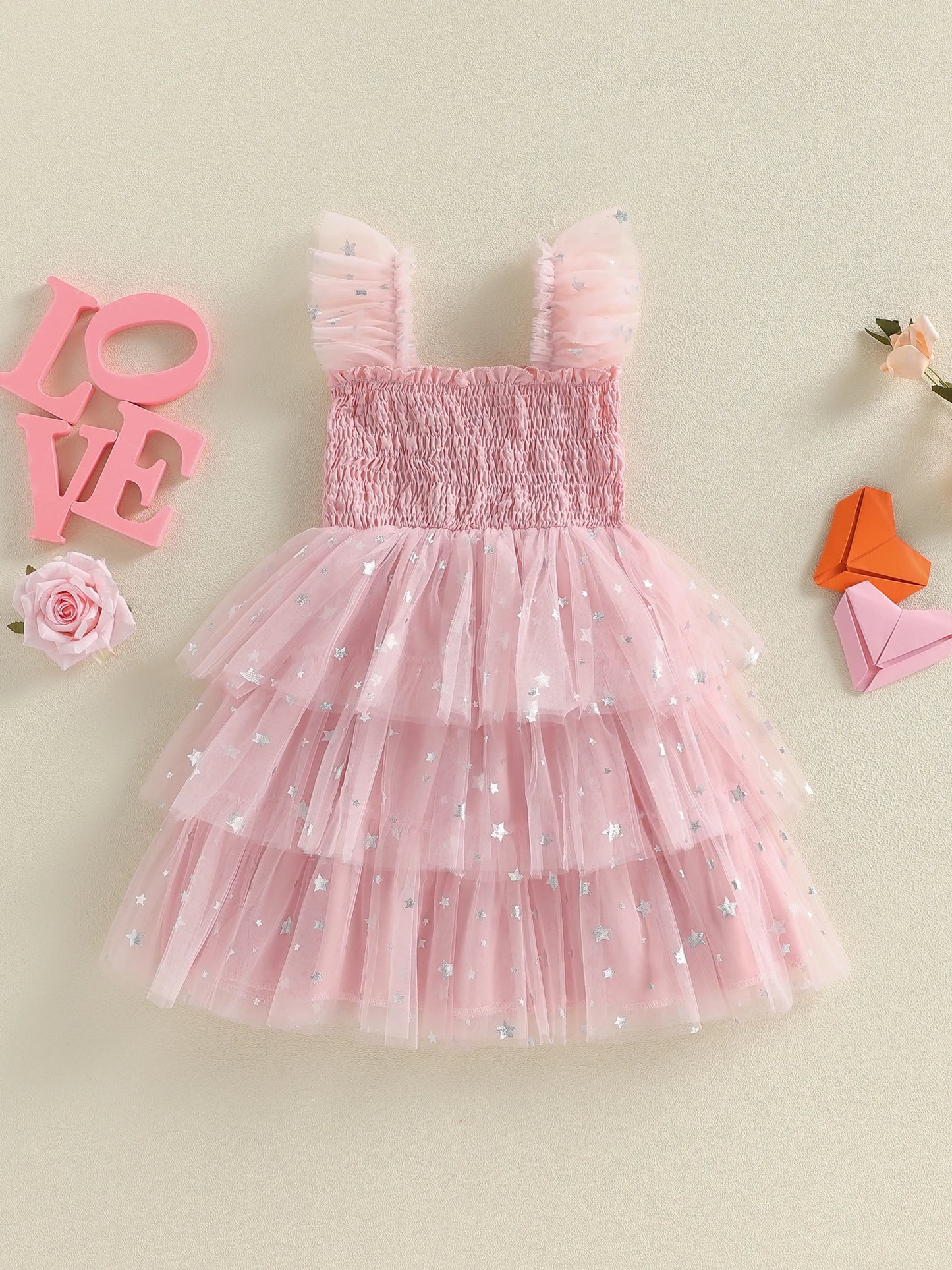 3D heart ruffle sleeve tulle kids dress