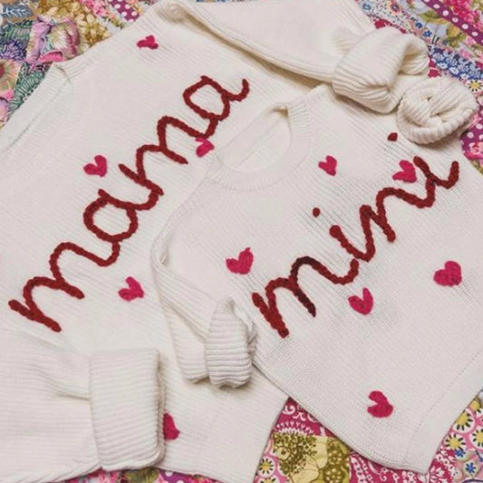 mama + mini matching knit heart crew sweaters