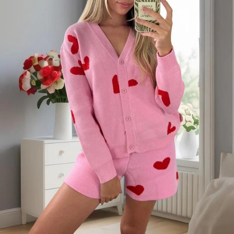 Xingqing Women Knitted Set y2k Clothes Heart Print V Neck Long Sleeve Cardigan Tops and Shorts Valentines Day Outfit Streetwear