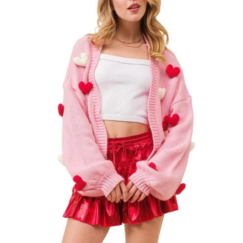 Xingqing y2k Sweater Women Valentines Day Clothes 3D Heart Print Single Breasted Long Sleeve Knitted Cardigan Tops Streetwear