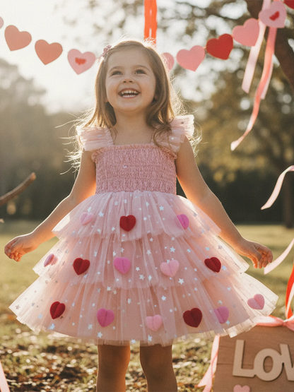 3D heart ruffle sleeve tulle kids dress