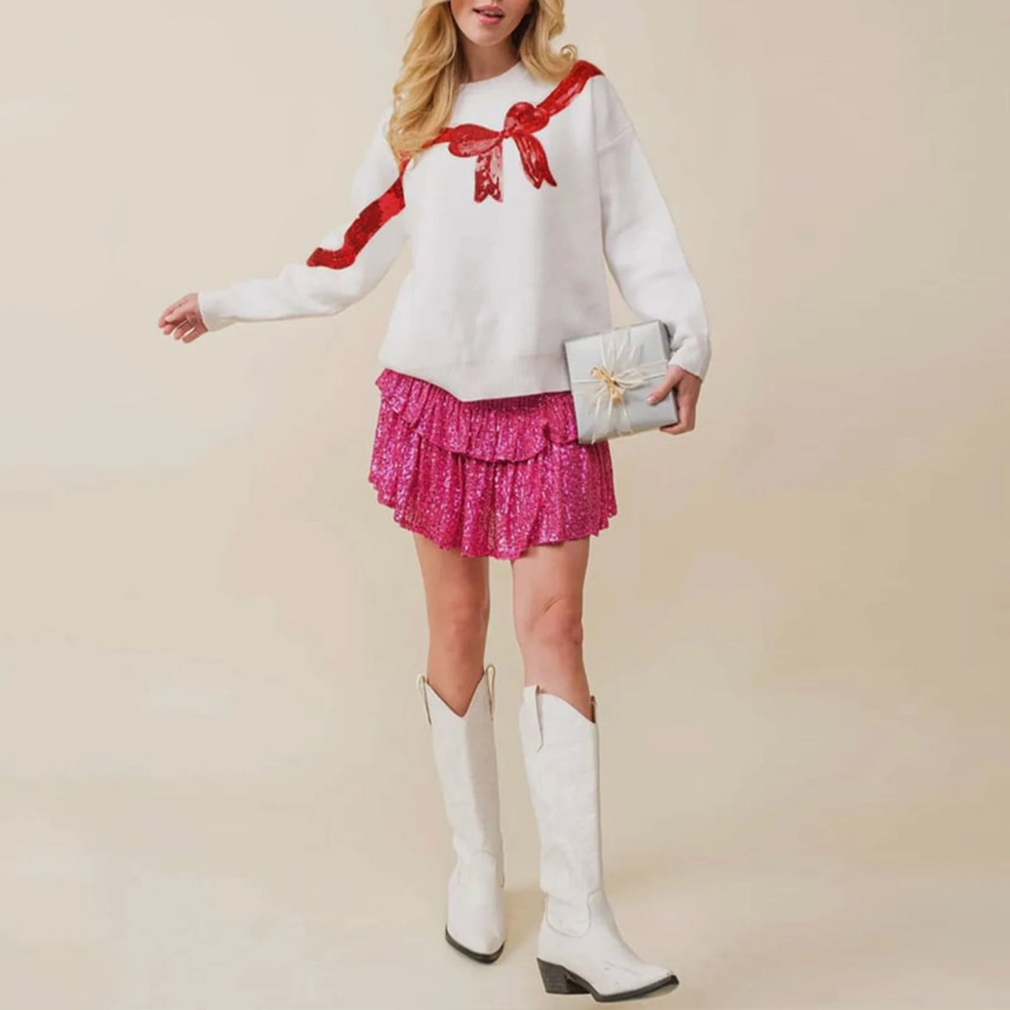 bow sequin crew sweater