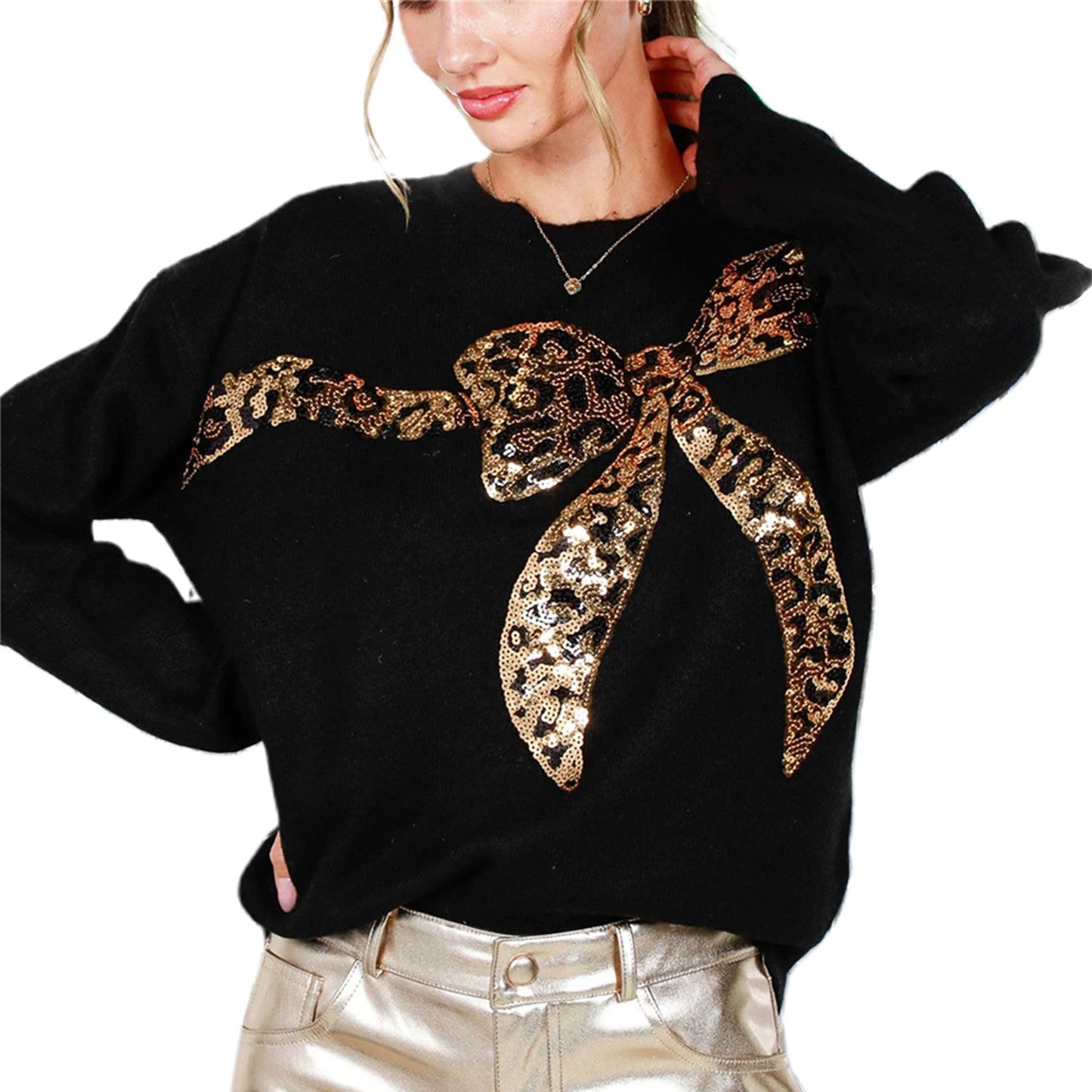 christmas cheetah bow sequin crew sweater