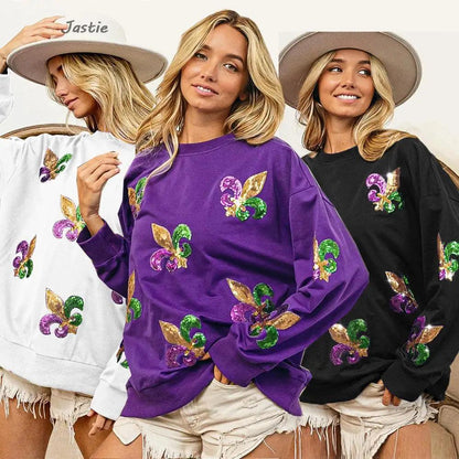 mardi gras sequin crew sweater - basil boutique