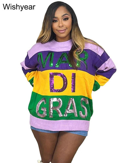 mardi gras striped sequin crew sweater - basil boutique