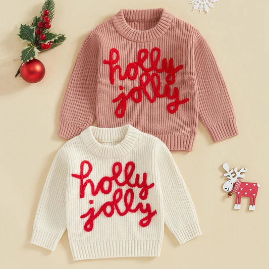 holly jolly holiday knit kids crew sweater - basil boutique