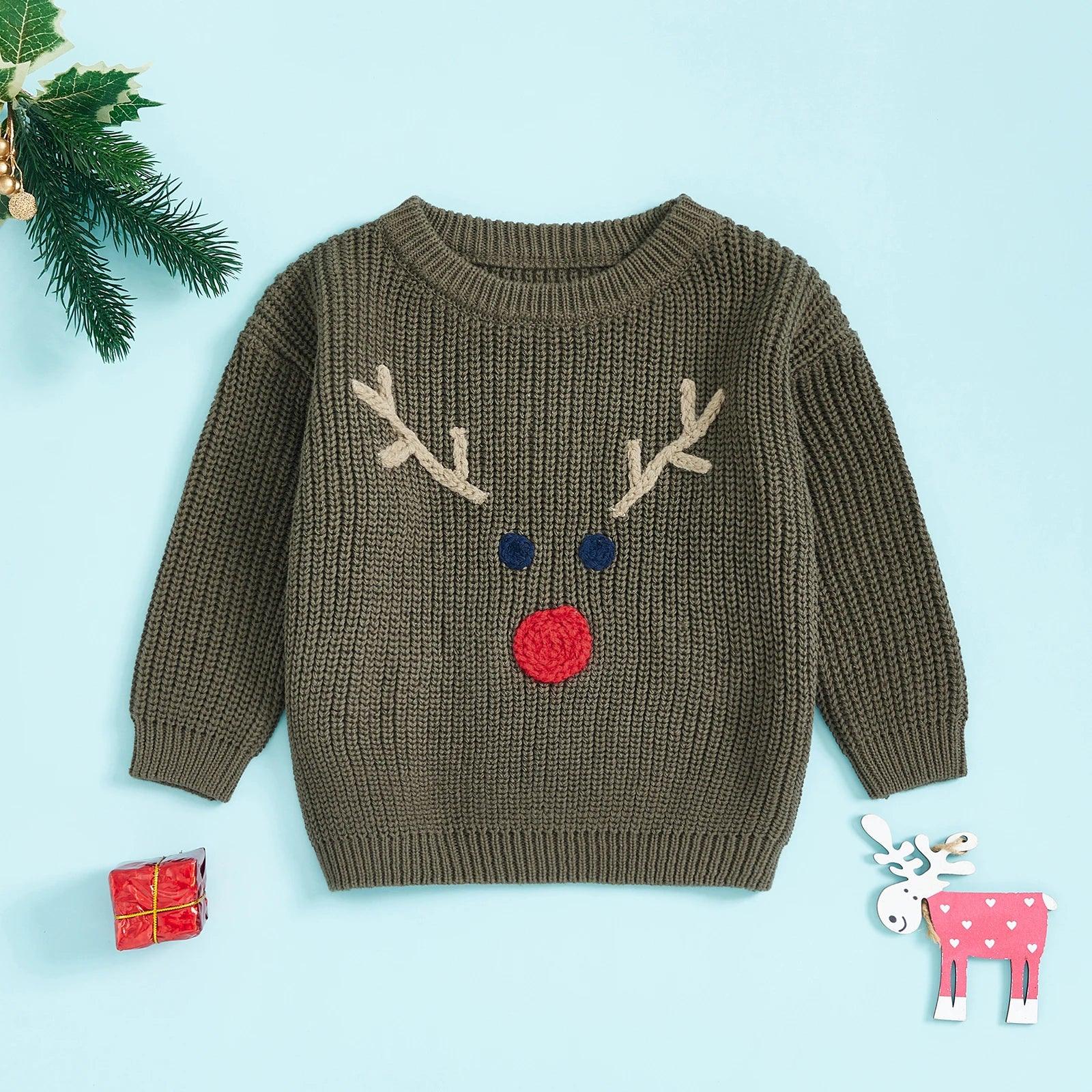 reindeer knit kid crew sweater - basil boutique