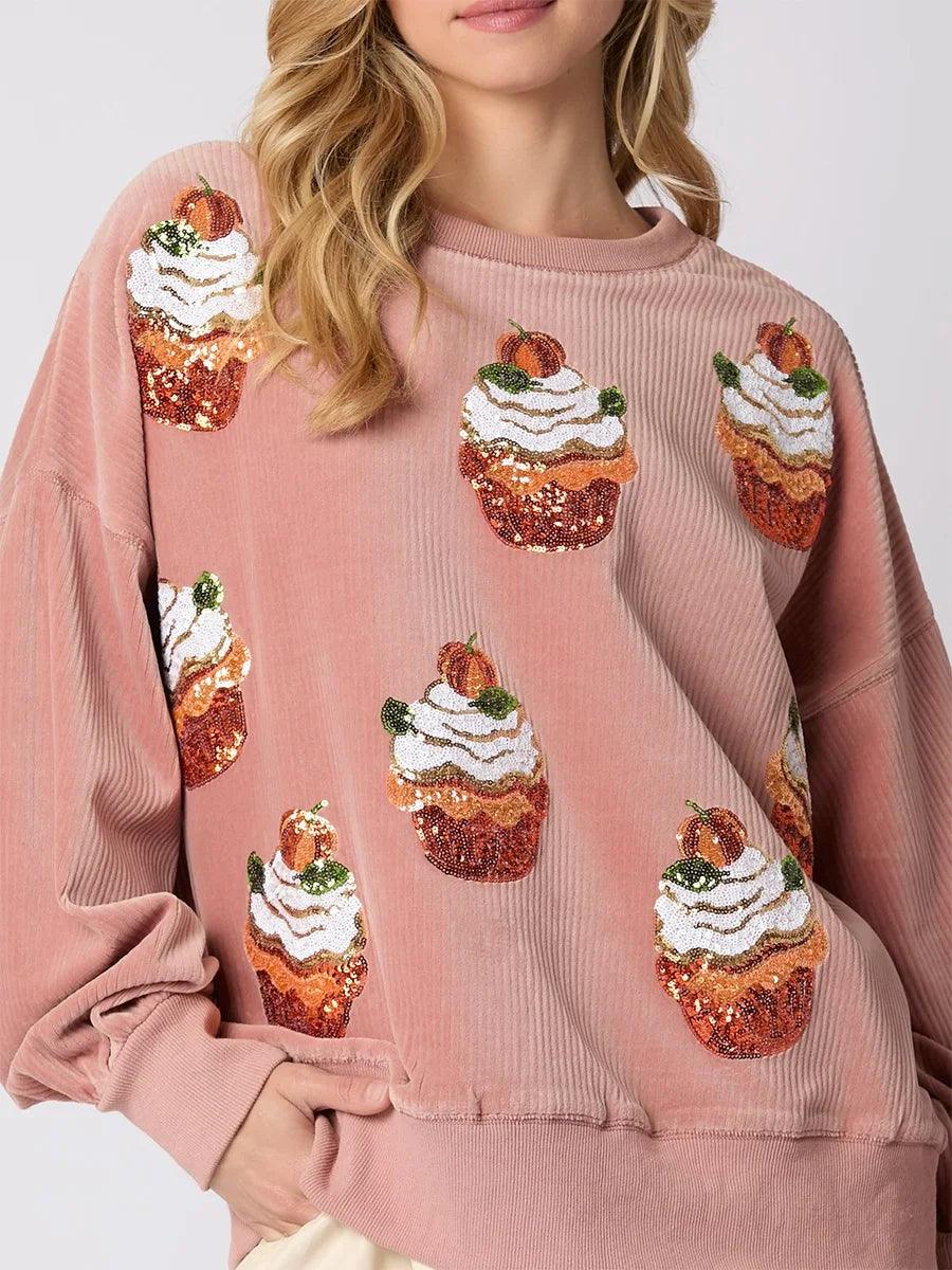 pumpkin cupcake sequin crew sweater - basil boutique