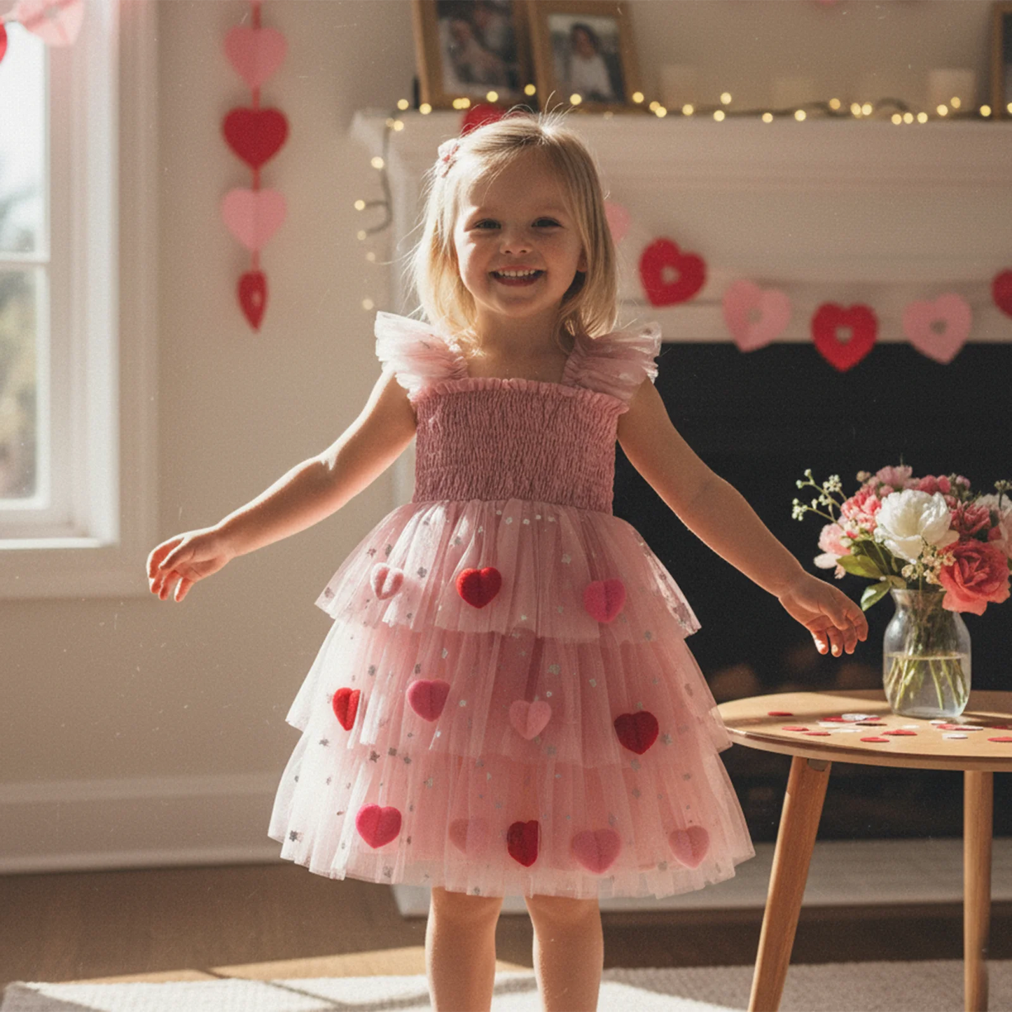 3D heart ruffle sleeve tulle kids dress