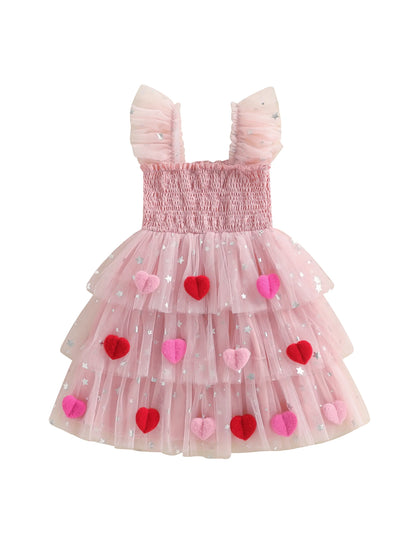 3D heart ruffle sleeve tulle kids dress