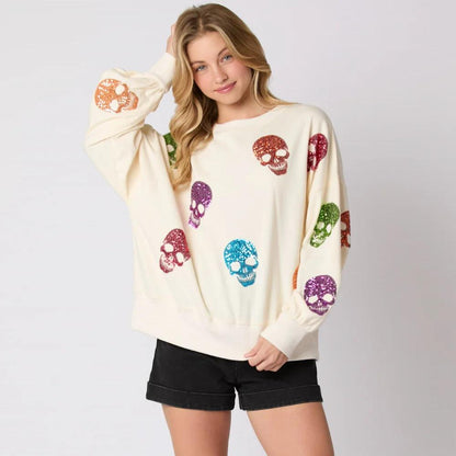 skull sequin crew sweater - basil boutique