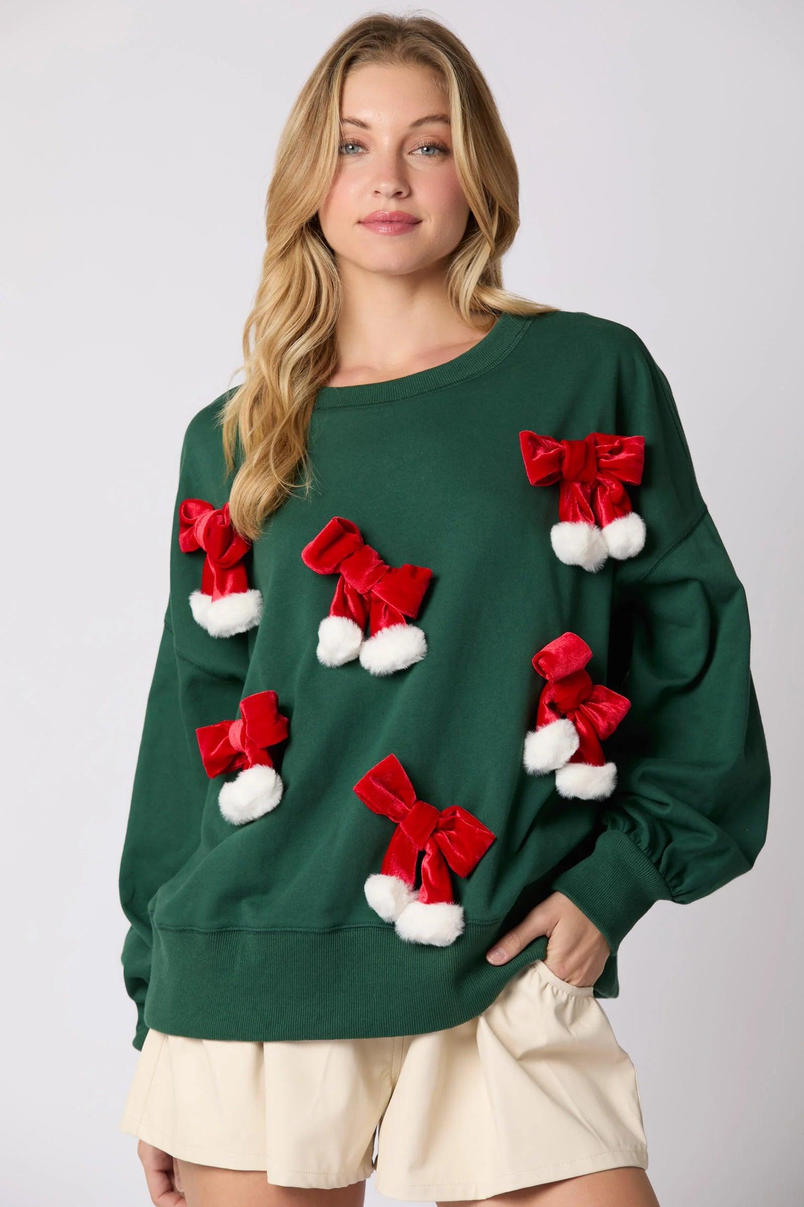 bows + poms holiday crew sweater - basil boutique