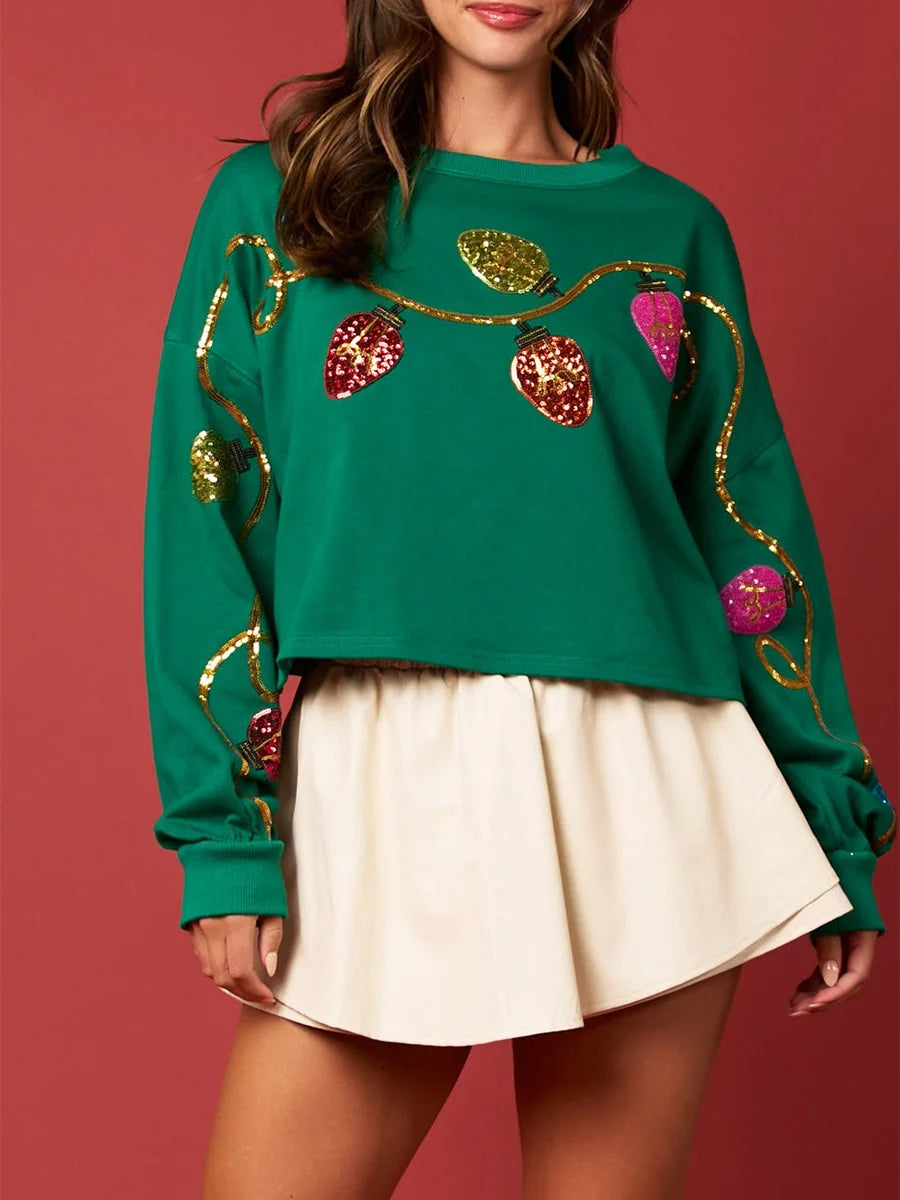 holiday lights sequin cropped crew sweater