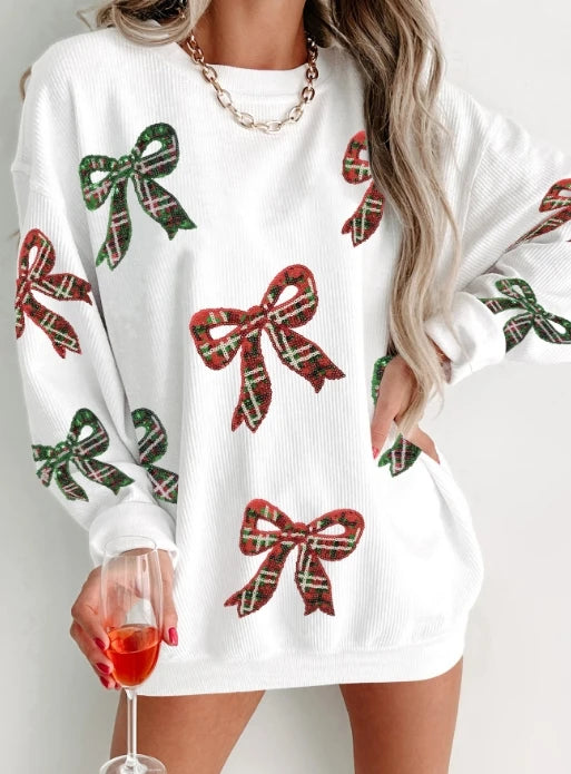 holiday plaid bows crew sweater