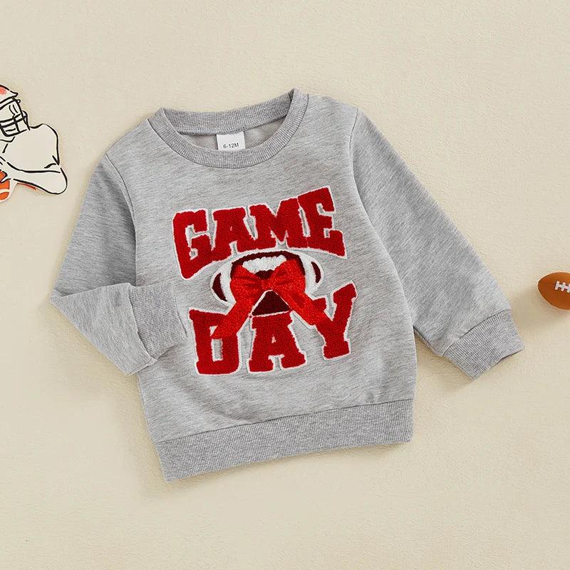 game day bow + football kids crew sweatshirt