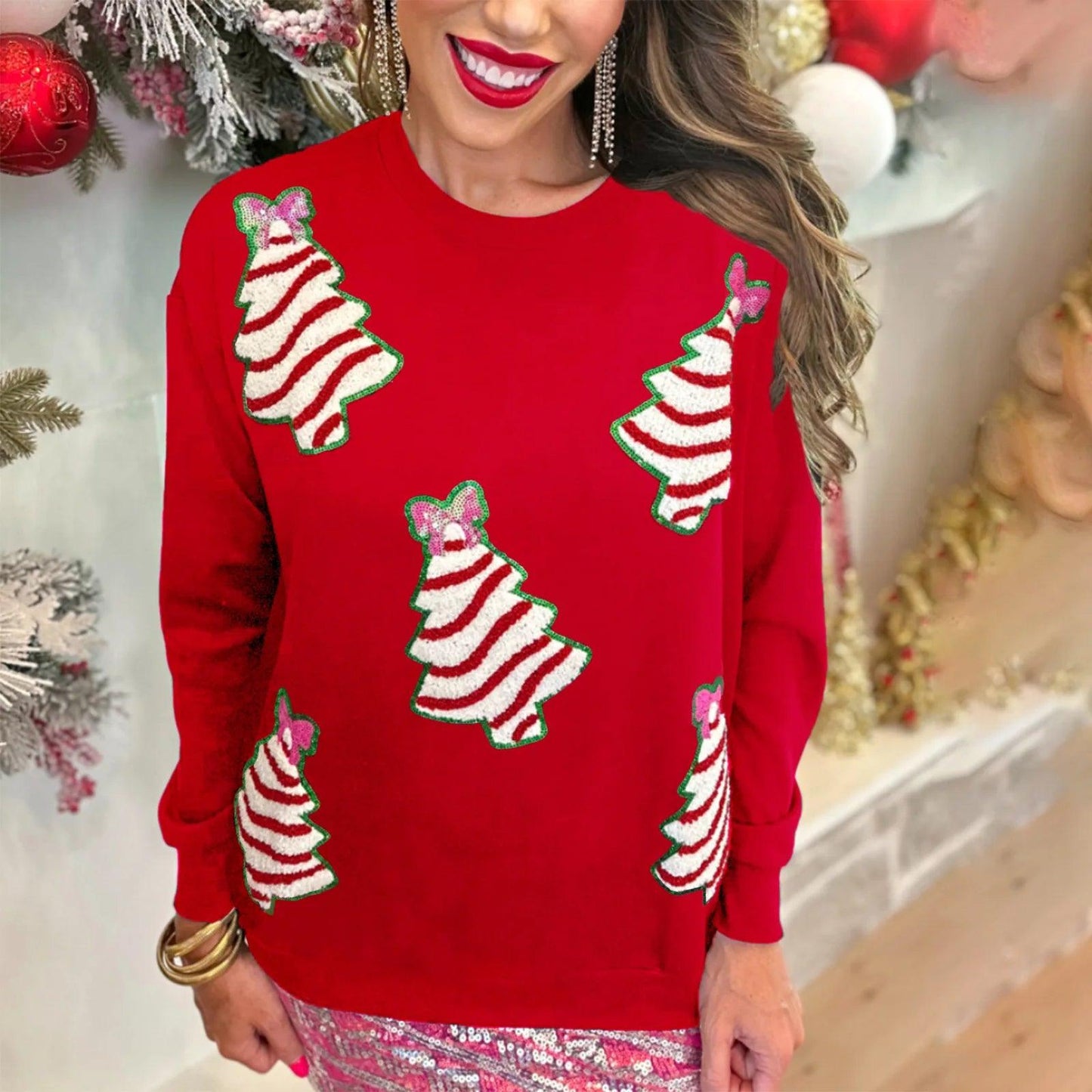 christmas tree sequin crew sweater - basil boutique