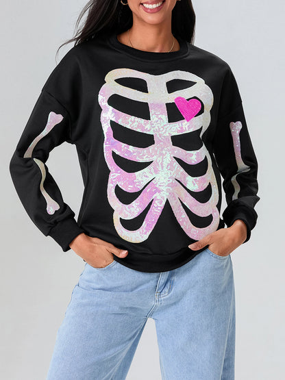 skeleton bones sequin crew sweater - basil boutique