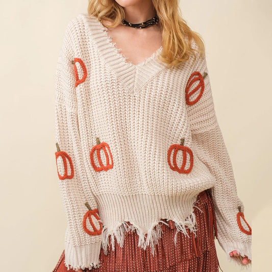 pumpkin distressed knit crew sweater