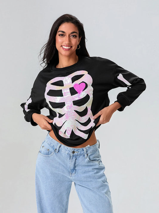 skeleton bones sequin crew sweater - basil boutique