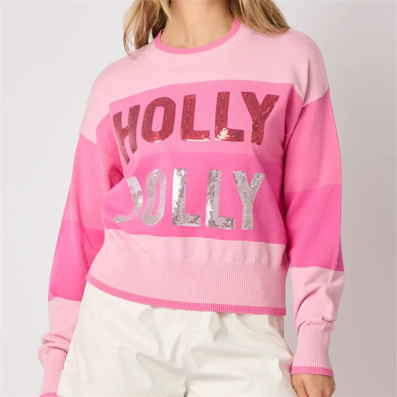 holly jolly sequin striped crew sweater