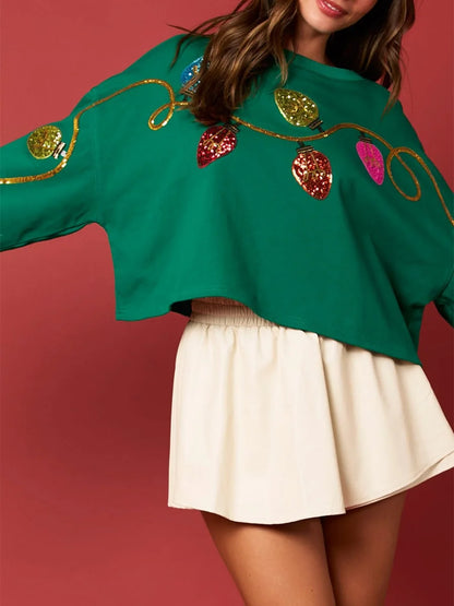holiday lights sequin cropped crew sweater