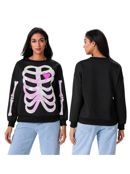 skeleton bones sequin crew sweater - basil boutique