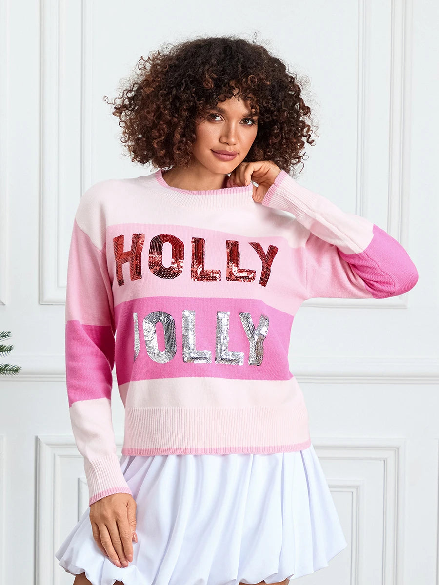 holly jolly sequin striped crew sweater