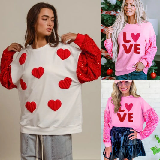 hearts + love sequin crew sweaters - basil boutique