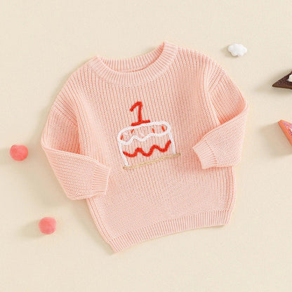 one birthday cake knit kids crew sweater