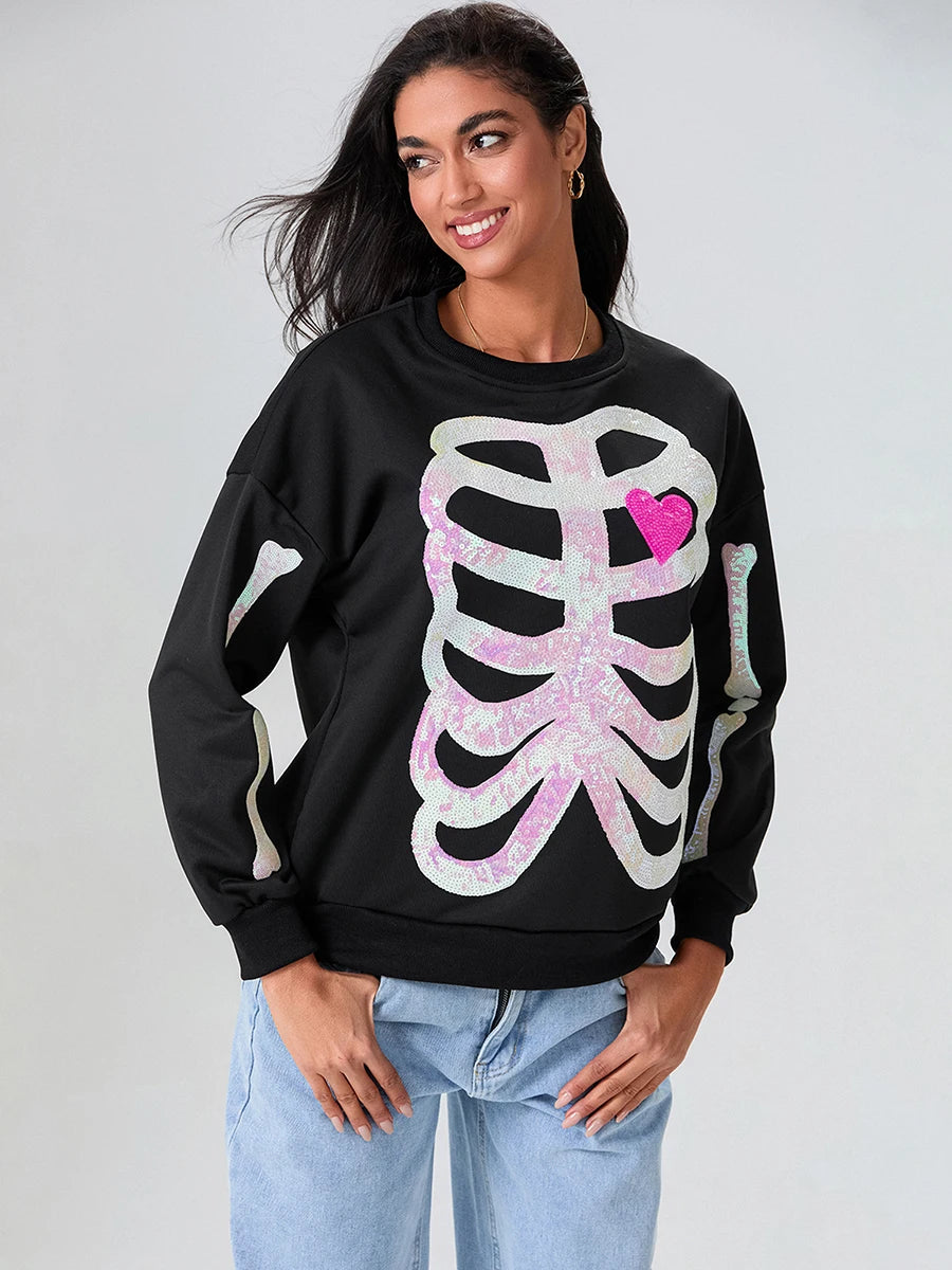 skeleton bones sequin crew sweater - basil boutique