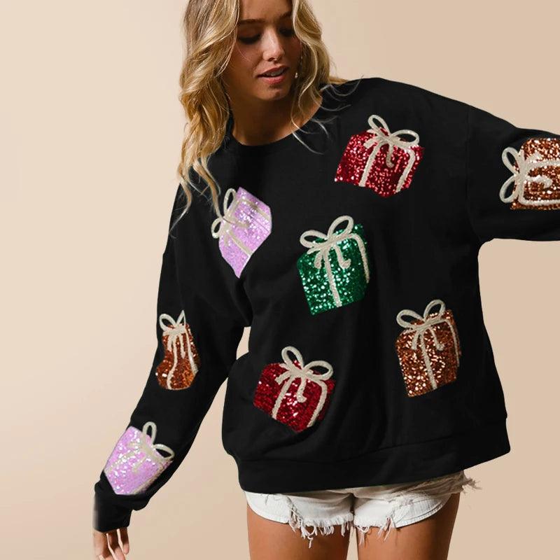 holiday present sequin crew sweater - basil boutique