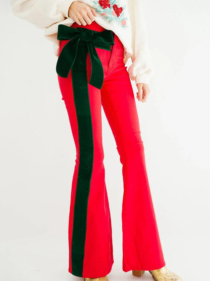 christmas bow bell-bottom pants