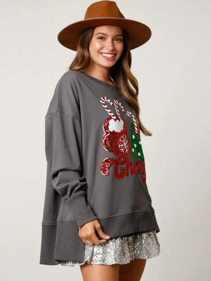 cheers holiday sequin crew sweater - basil boutique