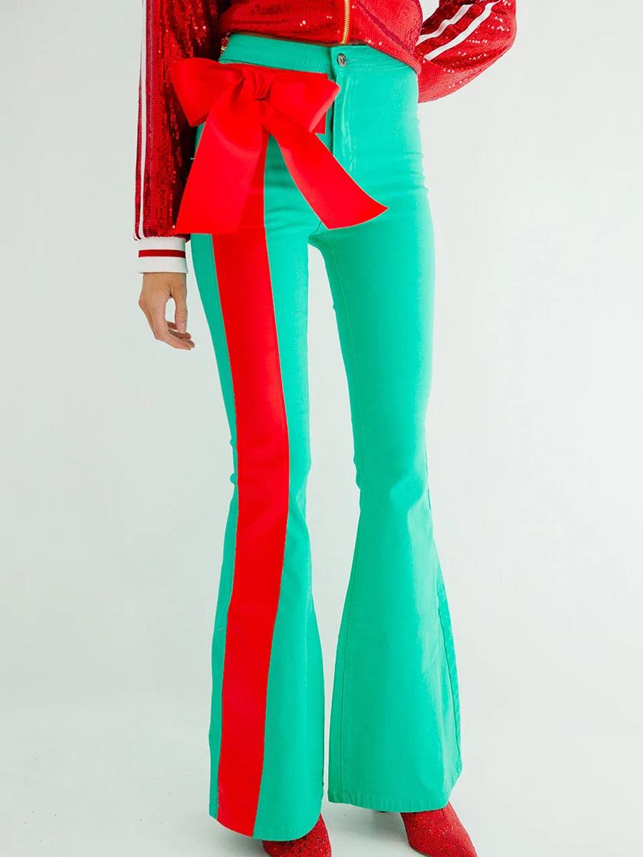 christmas bow bell-bottom pants