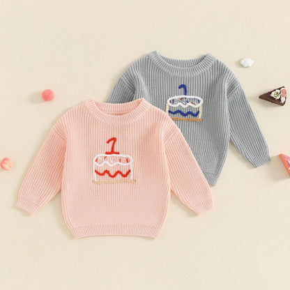 one birthday cake knit kids crew sweater