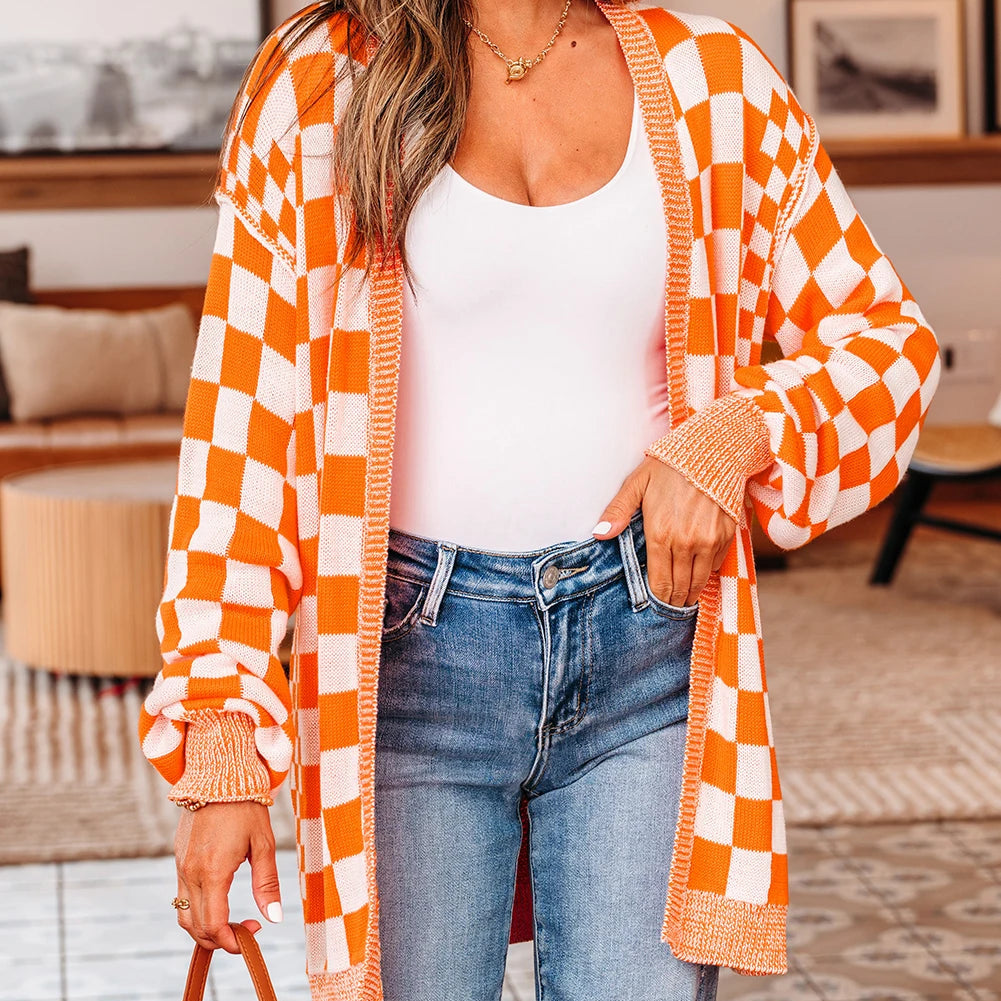 orange checkered cardigan