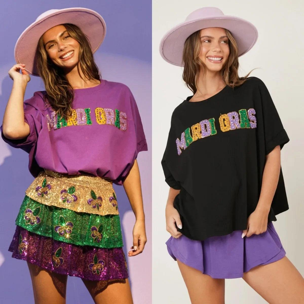 mardi gras rhinestone top - basil boutique