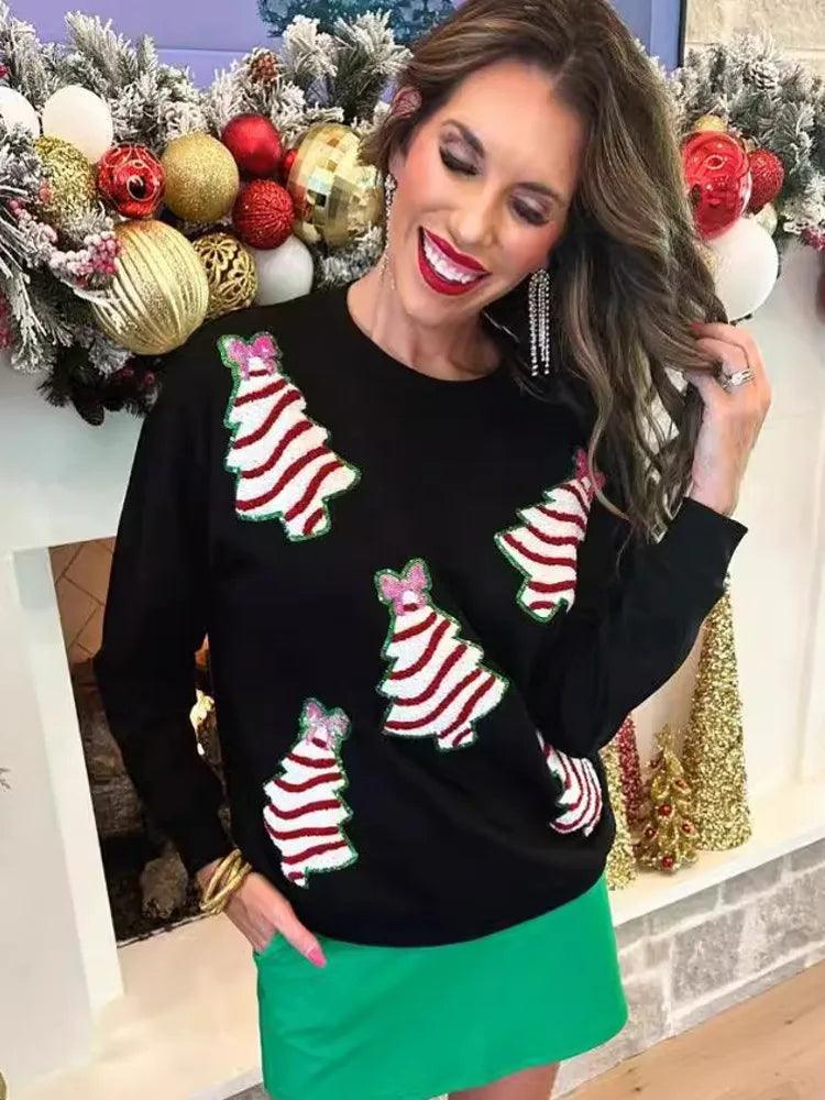 christmas tree sequin crew sweater - basil boutique